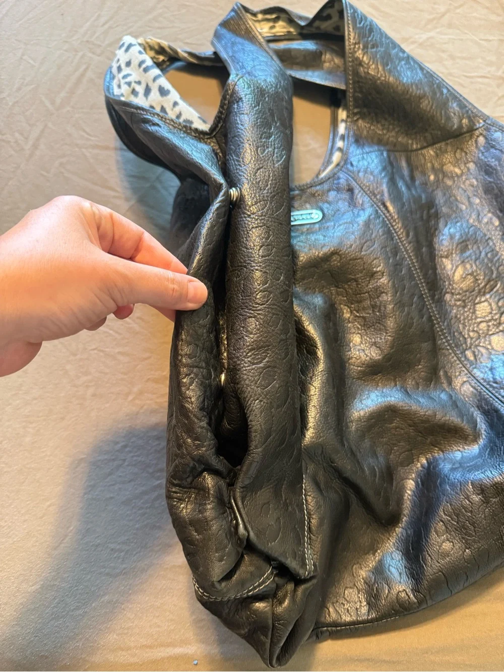 Vintage Betsey Johnson Black Hobo Bag with Leopard-Print Lining
